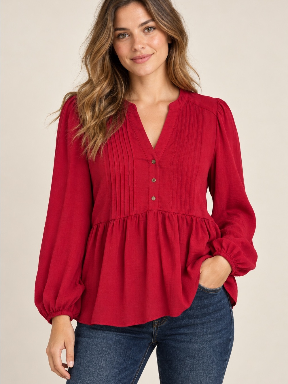 Knox Rose Red Pintuck Peplum Tunic Blouse
